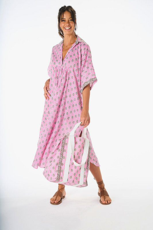 Coordinato Abito e Borsa Mare Righe Fuxia