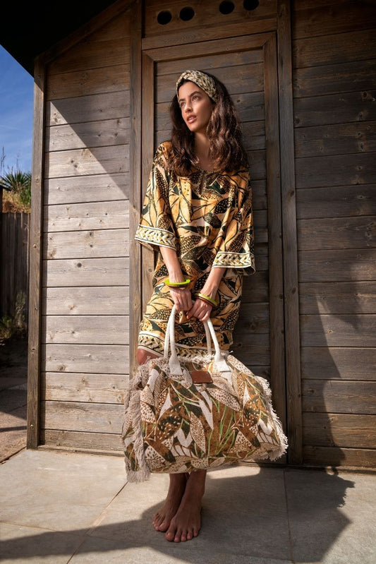 Coordinato Caftano e Borsa Batik Foglie Kaki