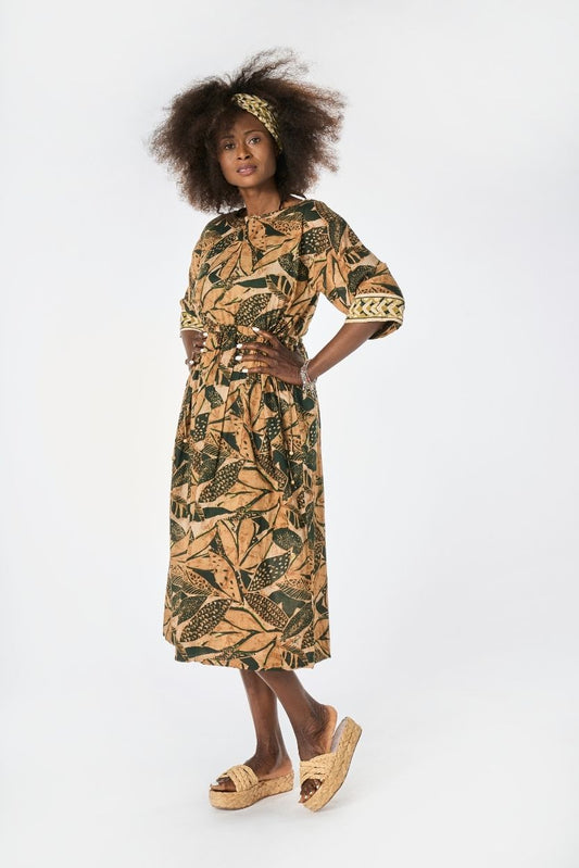 Abito Midi Batik Foglie Kaki