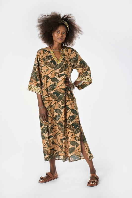 Caftano Lungo Batik Foglie Kaki