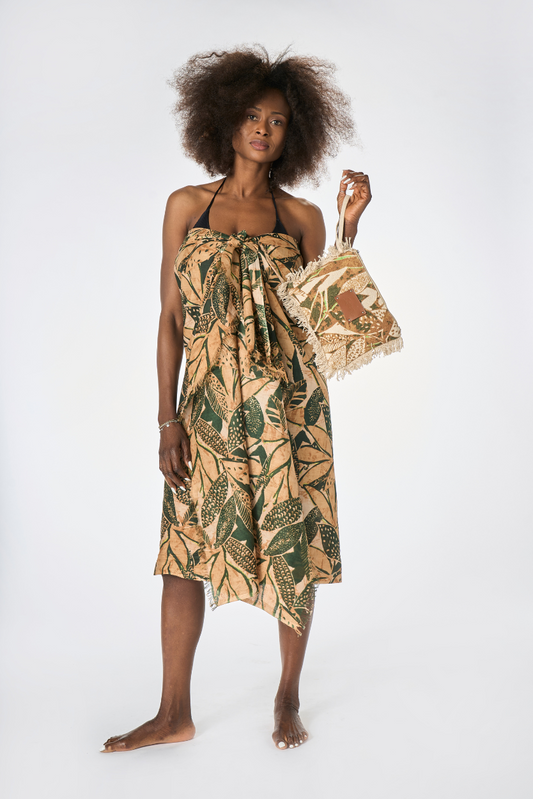 Coordinato Pareo e Pochette Batik Foglie Kaki