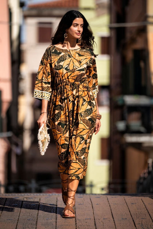 Coordinato Abito e Pochette Batik Foglie Kaki