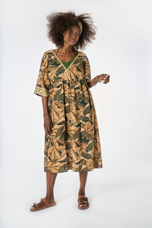 Abito Midi Batik Foglie Kaki