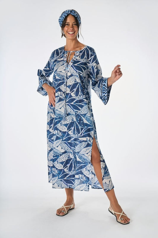 Caftano Lungo Batik Foglie Bianco/Blu