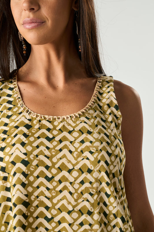 Abito Smanicato Batik Geometrico Kaki